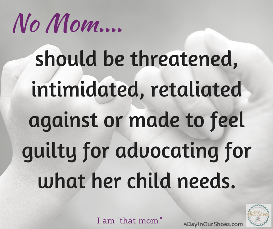 No Mom...should be threatened, intimidated, retaliated against or made to feel guilty for advocating for what her child needs.